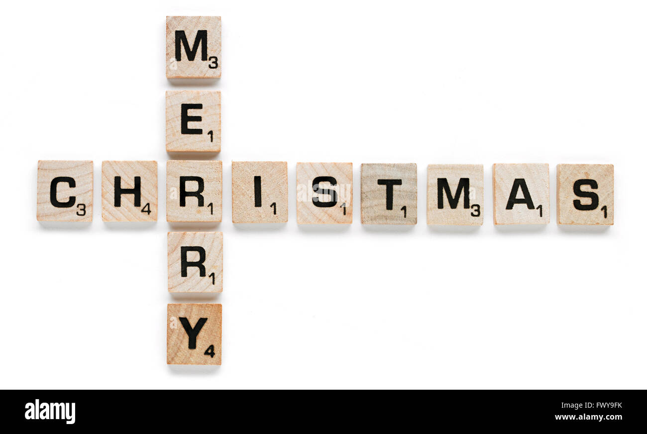 Lettere di Scrabble dicendo 'Buon Natale" Foto Stock