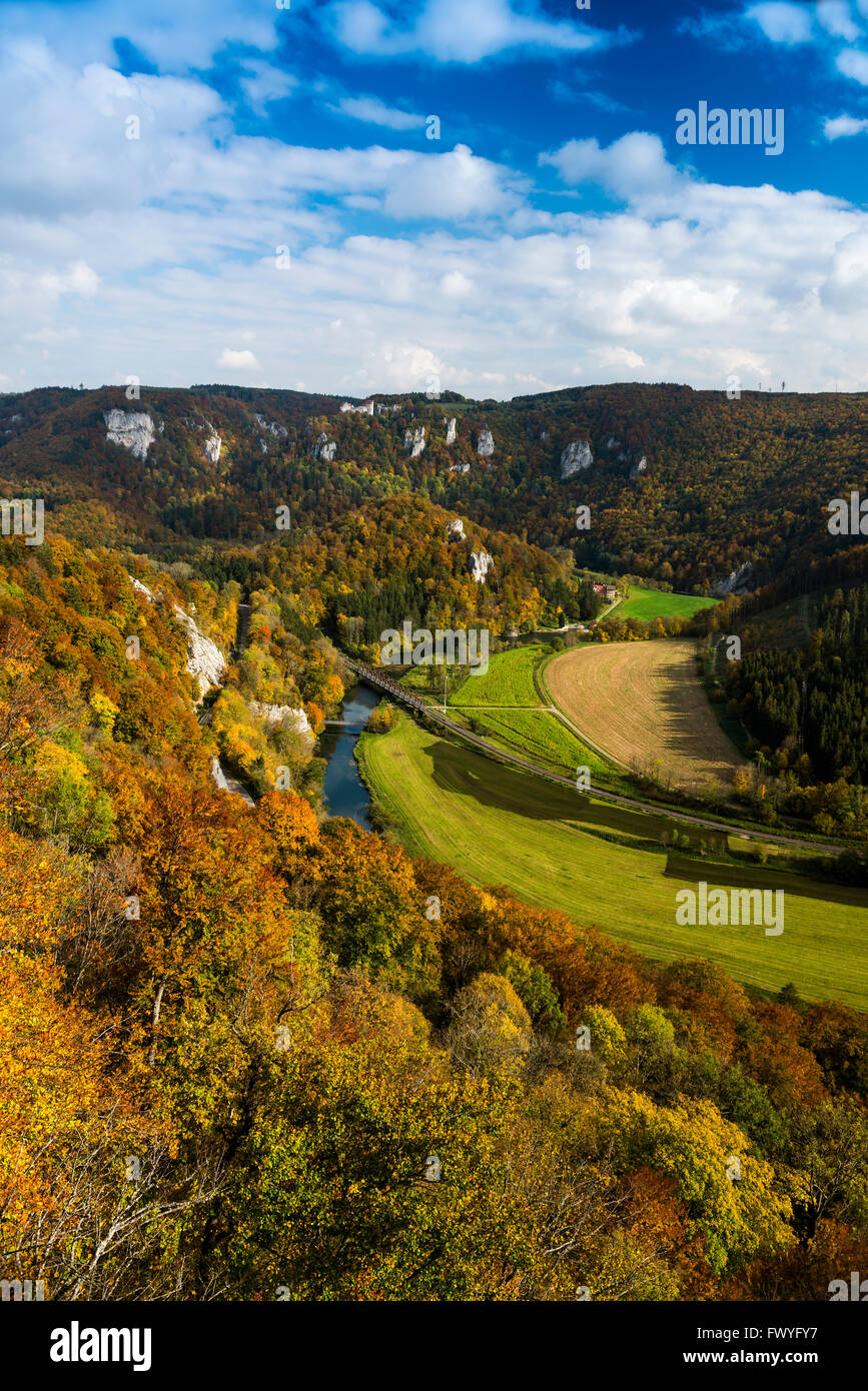 Veduta sul Danubio spazio al castello di Wildenstein, Danubio superiore Natura Park, Giura Svevo, Baden-Württemberg, Germania Foto Stock