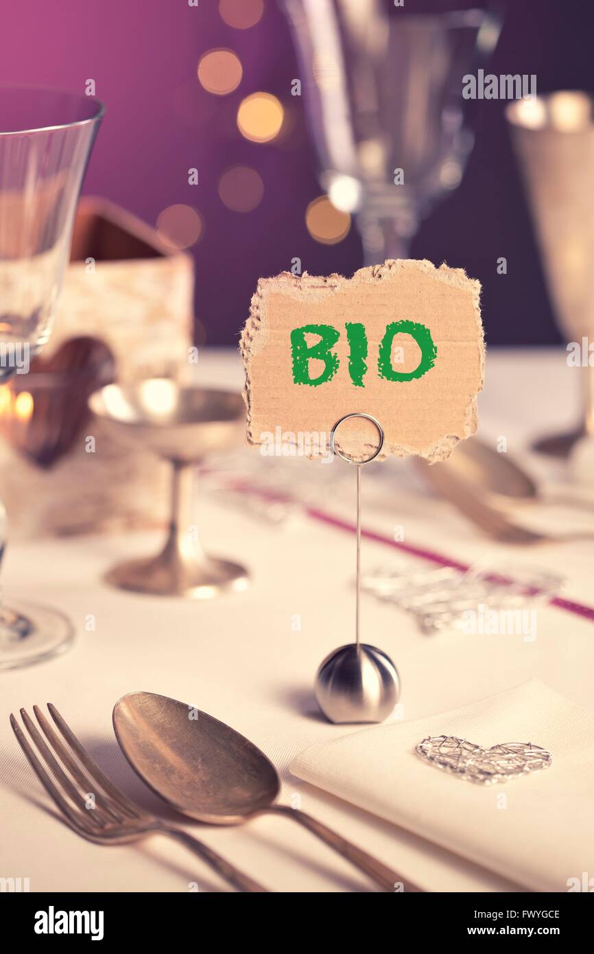 Nota sulla tavola di festa con le parole Bio Foto Stock