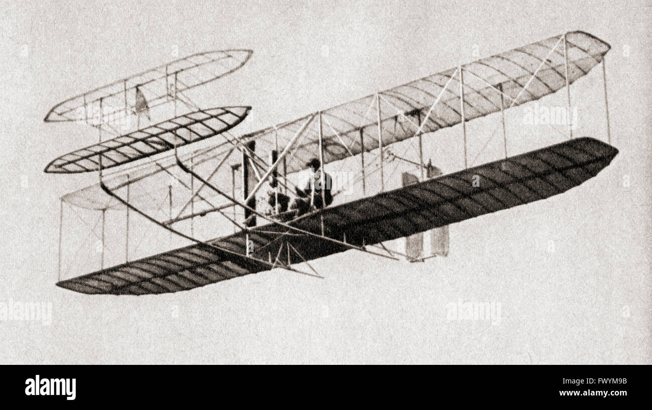La prima controllata, alimentati e sostenuti più pesanti dell'aria volo umano, il 17 dicembre 1903, quattro miglia a sud di Kitty Hawk, North Carolina dai fratelli Wright. Foto Stock