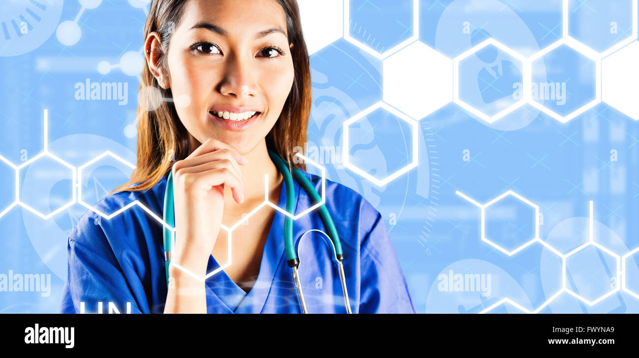 Immagine composita di infermiera asiatica di pensare con la mano sul mento Foto Stock