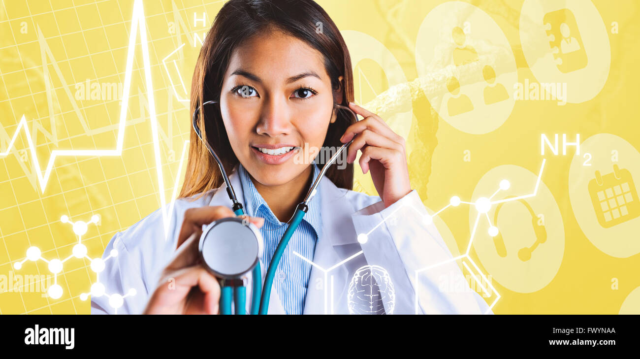 Immagine composita di asian medico tenendo il suo stetoscopio Foto Stock