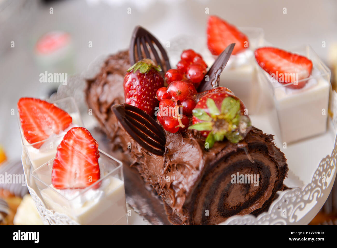 Torta al cioccolato con fragole e tortini di vaniglia Foto Stock