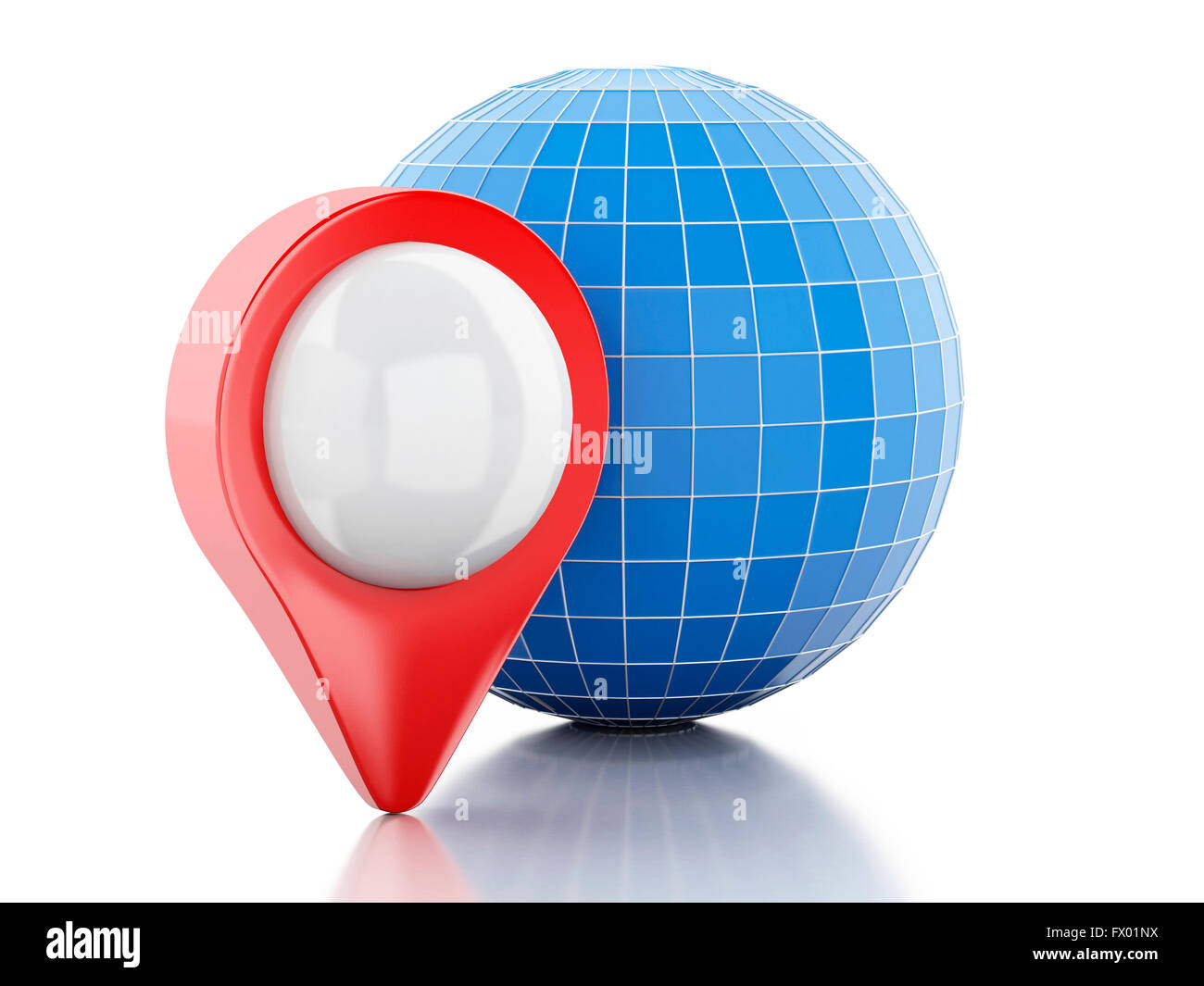 3D'illustrazione. Puntatore Mappa e globo. Concetto di navigazione. Isolato sullo sfondo bianco. Foto Stock