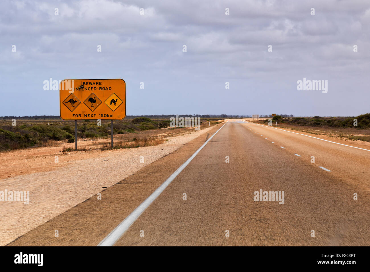 Vuota lunga distanza Eyre Highway road in Australia Occidentale e simbolo di avvertimento unfenced circa i pericoli da canguro, struzzo e venne Foto Stock