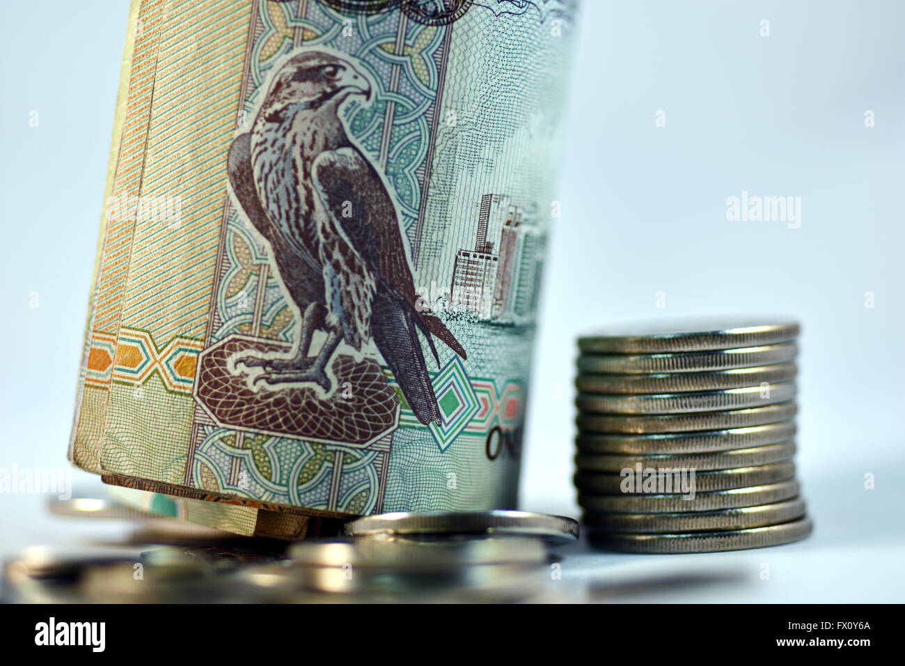 Close up differenti Dirhams nota di valuta e di monete, Emirati Arabi Uniti Foto Stock