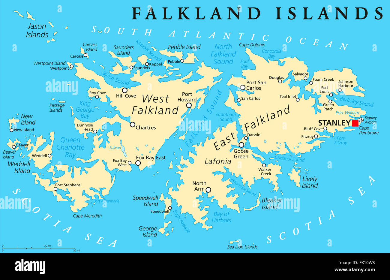 Isole Falkland, anche Malvinas, mappa politico con capitale Stanley, somministrato sotto Regno Unito, sostenuto da Argentina. Foto Stock