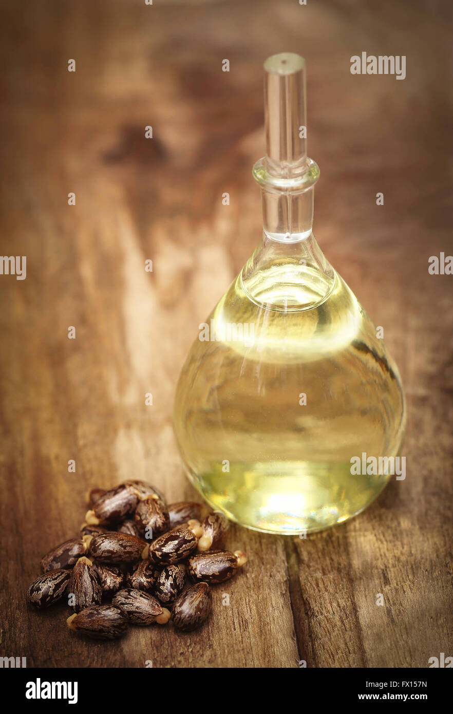 Semi di ricino e di olio in un vasetto di vetro Foto Stock