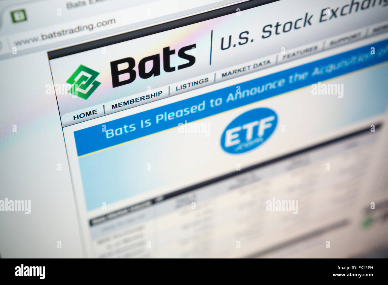 Il sito web di pipistrelli i mercati globali stock trading website, visto il Martedì, 5 aprile 2016. Lo scambio elettronico operatore ha annunciato i piani per un IPO con prezzi da $17 a $19. I pipistrelli ha tentato di eseguire un'offerta pubblica iniziale nel 2012 ma anomalie tecniche ha causato per annullare la sua IPO. (© Richard B. Levine) Foto Stock
