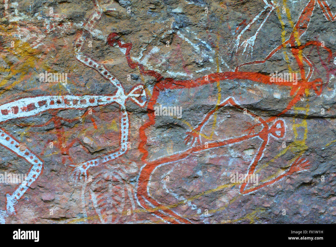 Pittura presso l arte rupestre degli Aborigeni del sito Nourlangie nel Parco Nazionale Kakadu, Territorio del Nord, l'Australia Foto Stock