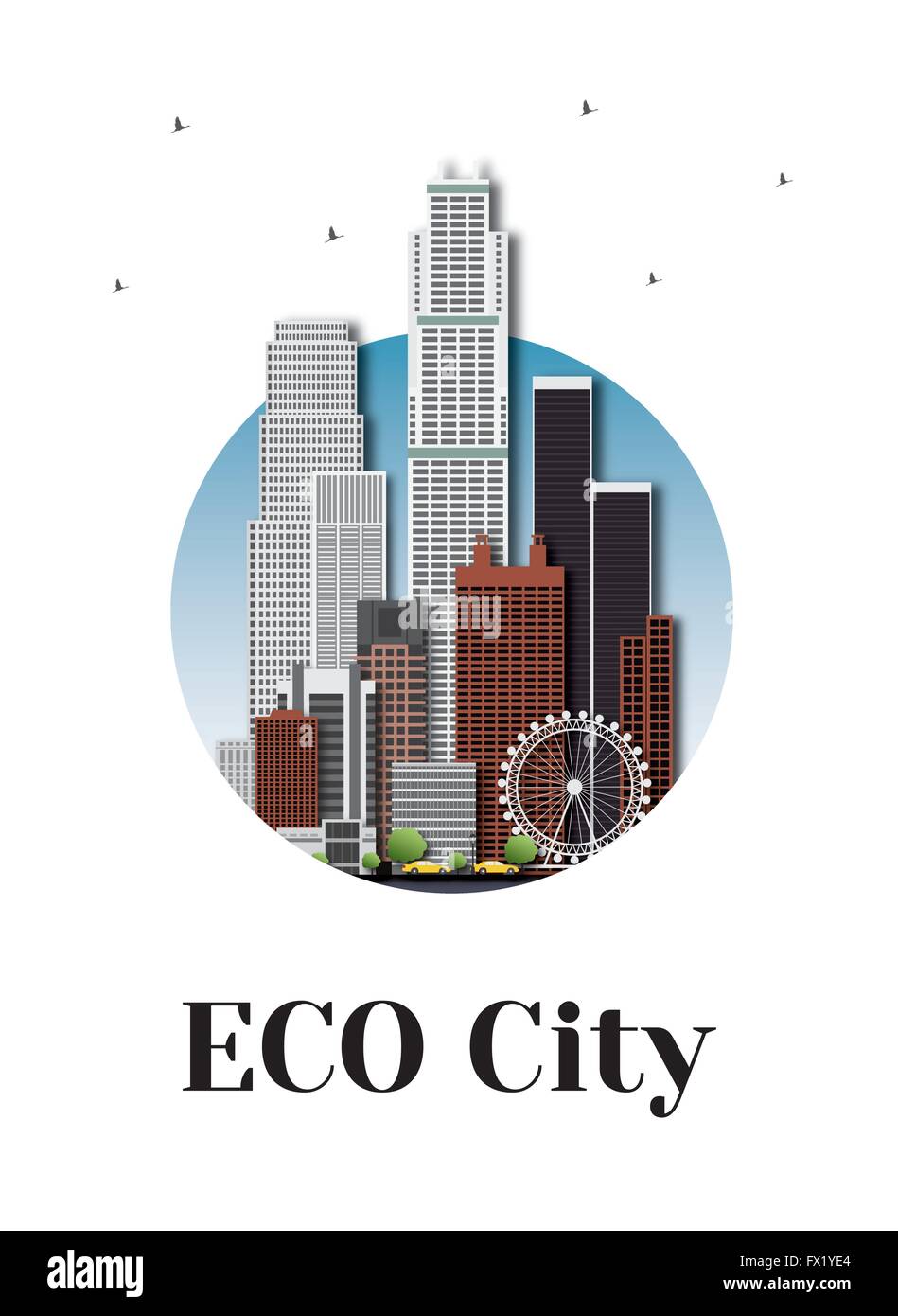 Eco città architettura skyline logo design. Logotipo di vettore per la vostra azienda isolata su sfondo bianco. Illustrazione Vettoriale