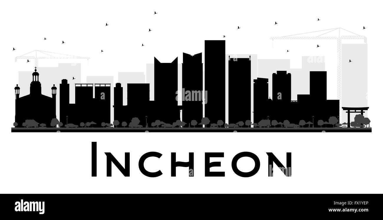 Incheon City skyline in bianco e nero la silhouette. Illustrazione Vettoriale. Piatto semplice concetto per il turismo presentazione, banner Illustrazione Vettoriale