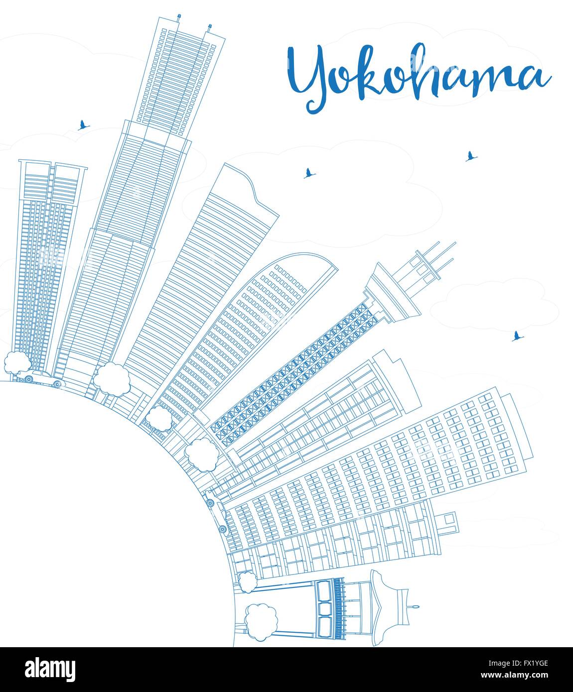 Delineare Yokohama con edifici blu e copia di spazio. Illustrazione Vettoriale. Gli affari e il turismo e concetto con edifici moderni. Illustrazione Vettoriale