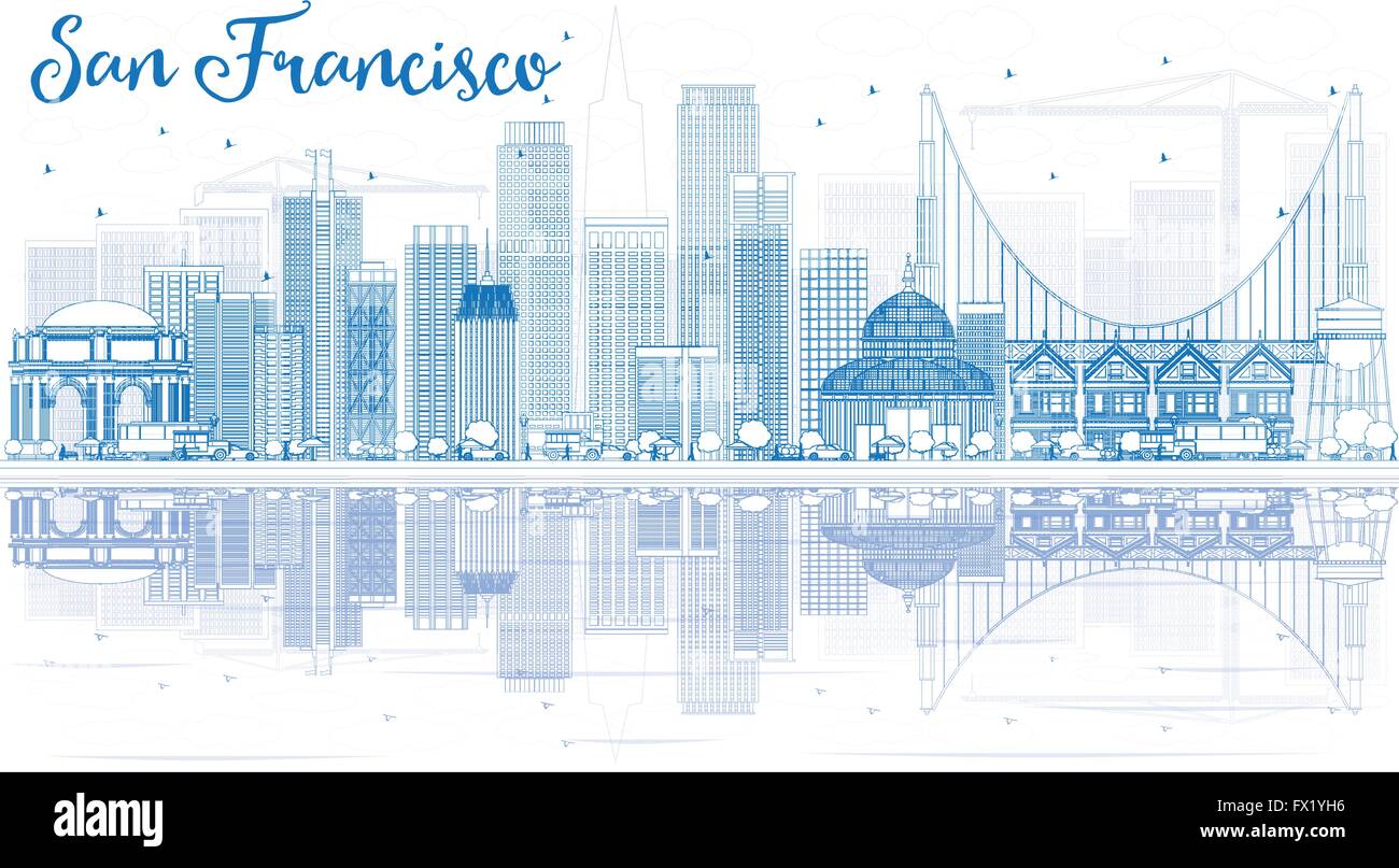Profilo skyline di San Francisco con edifici di blu e di riflessione. Illustrazione Vettoriale. Viaggi di affari e turismo Concept Illustrazione Vettoriale