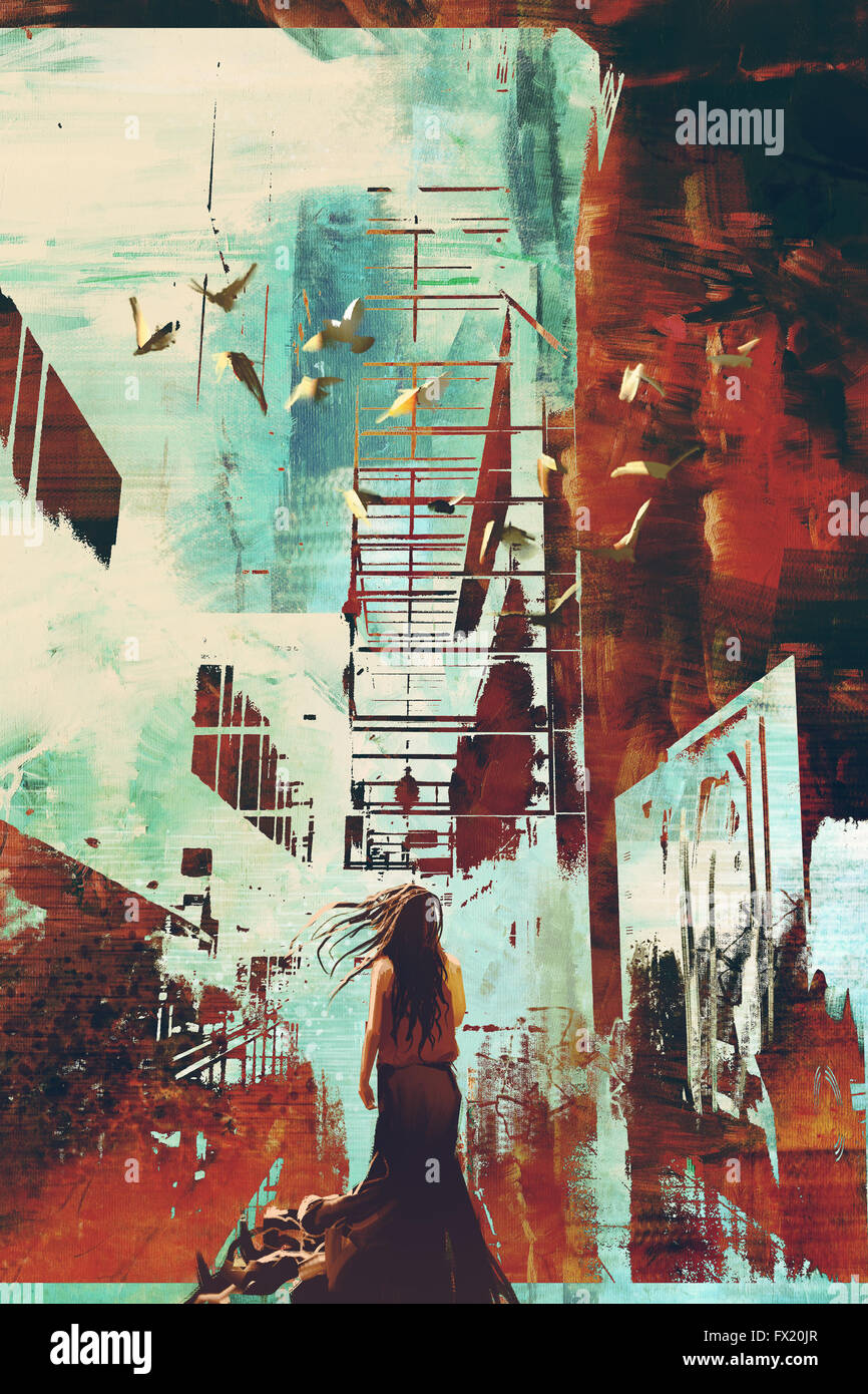 Donna in piedi contro abstract architettura con texture grunge, Illustrazione tecnica Foto Stock