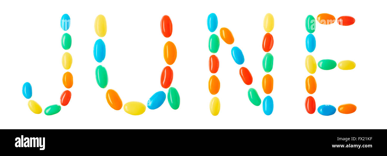Giugno scritte fatte di caramelle multicolore isolati su sfondo bianco Foto Stock