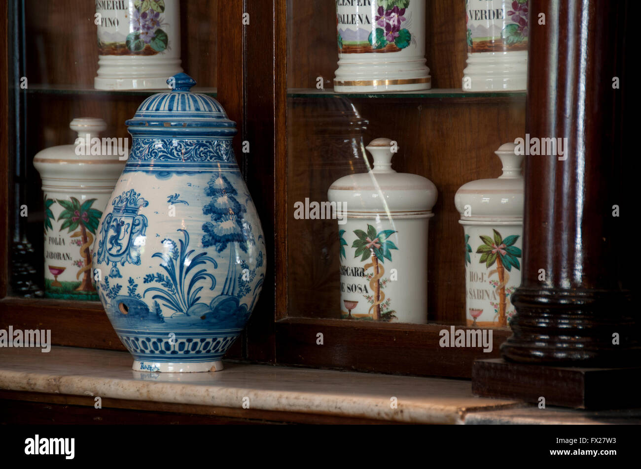 Vasi in porcellana in oldtime Taquechel farmacia , l'Avana, Cuba Foto Stock