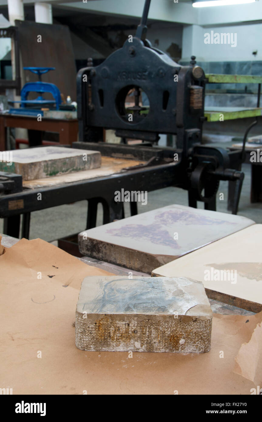 Il workshop con intaglio in apparecchiature di stampa Foto Stock