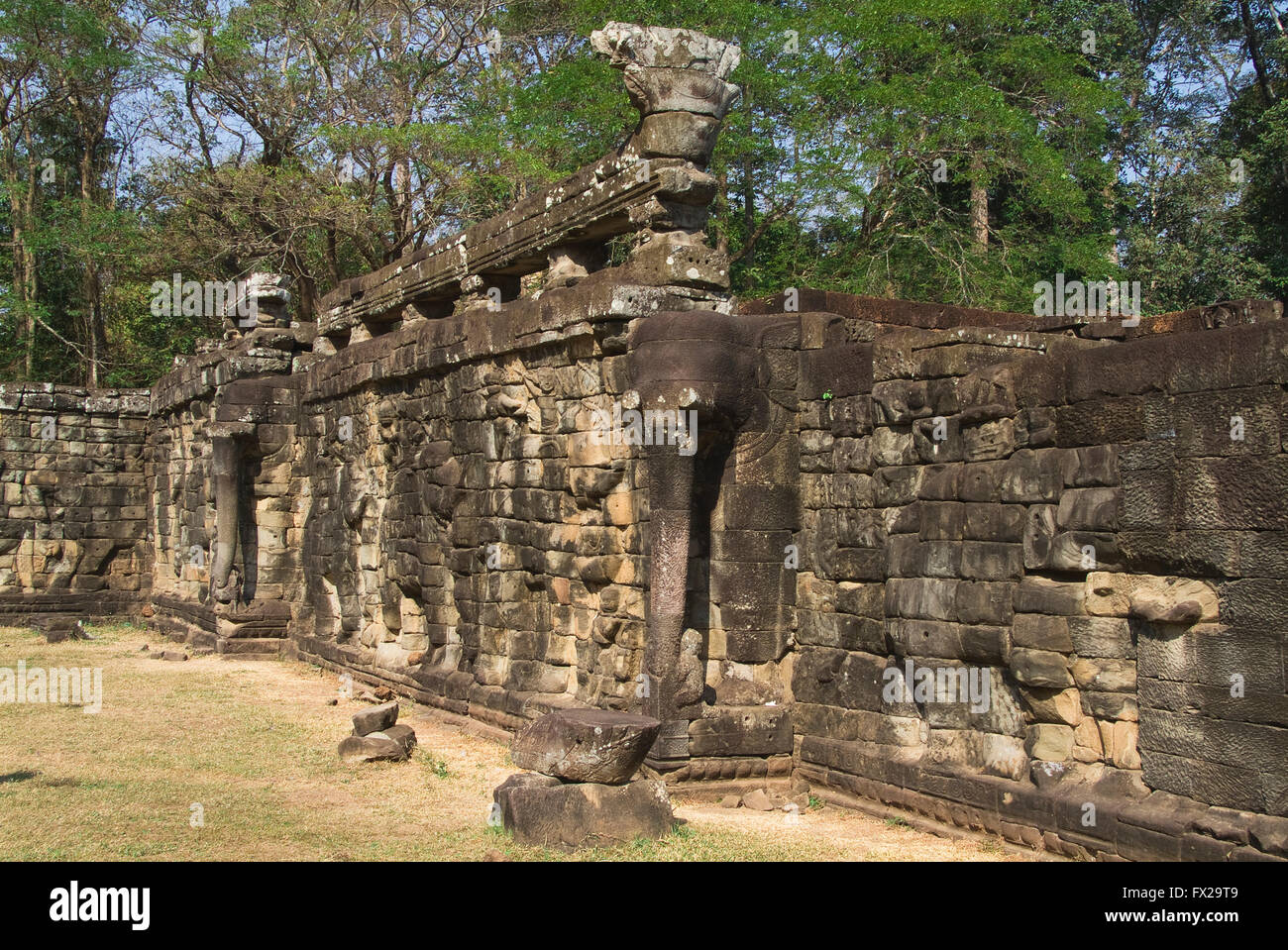 La facciata decorata con gli elefanti e i loro piloti, Terrazza degli elefanti, Angkor Thom, Siem Reap, Cambogia Foto Stock