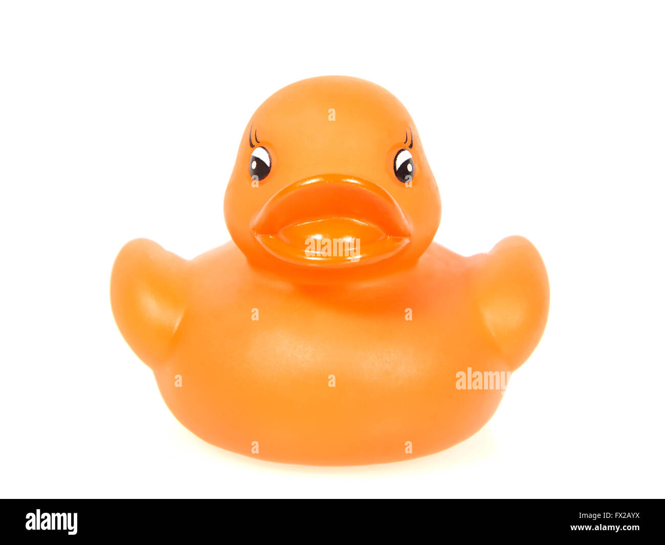 Orange rubber duck con grosse labbra su sfondo bianco Foto Stock