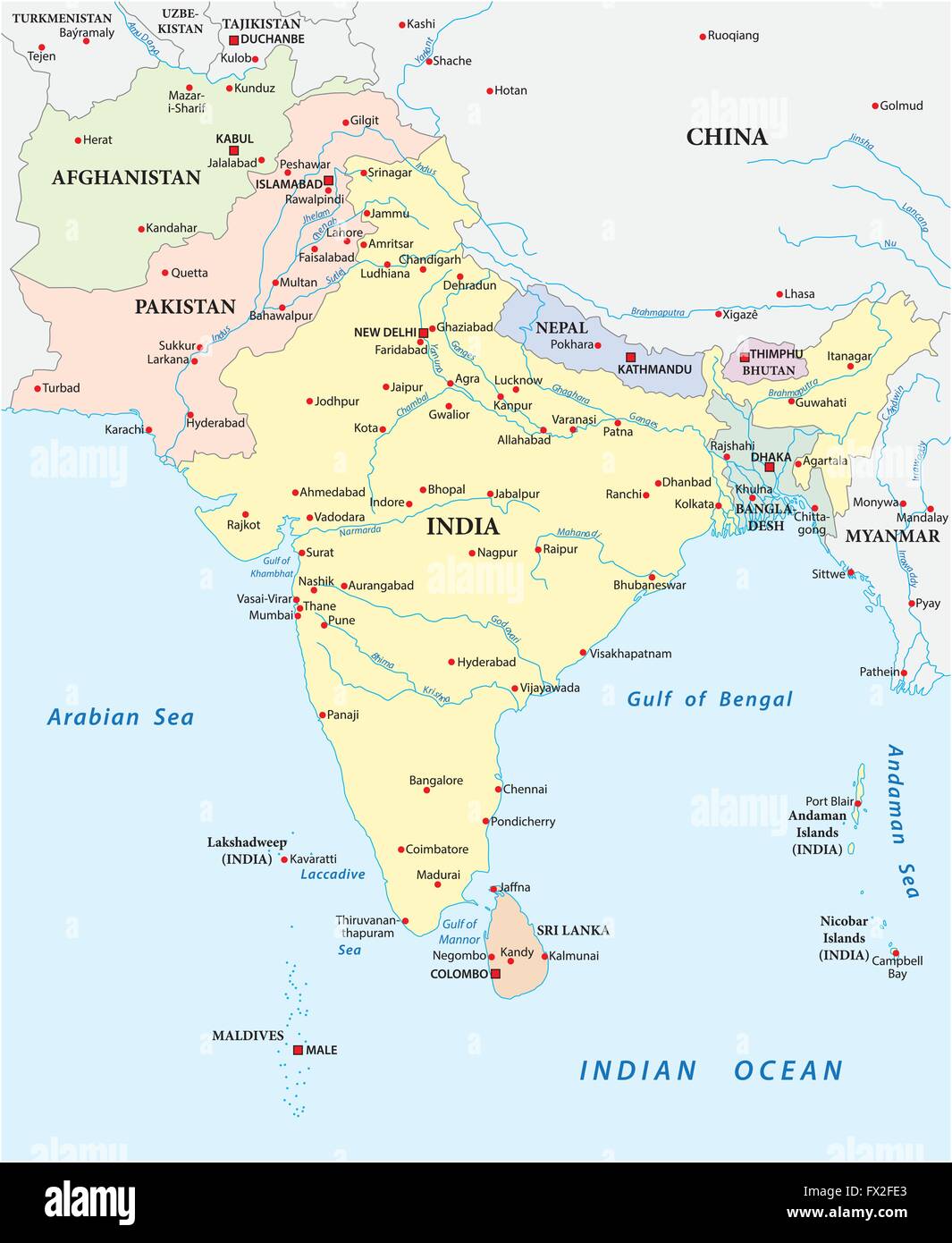 Vettore dettagliata mappa di asia del sud con la più grande città Illustrazione Vettoriale