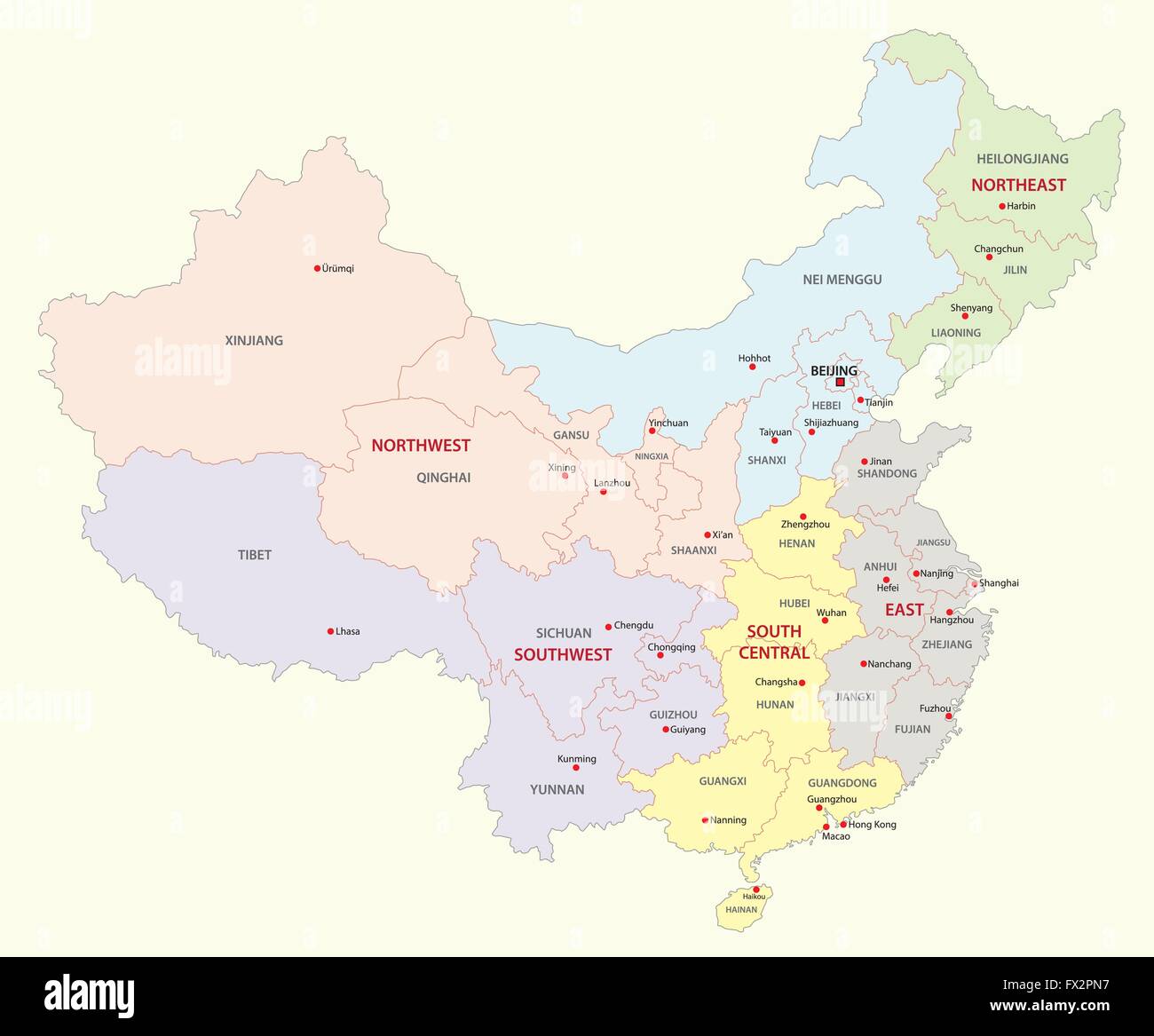 Cina regioni mappa Illustrazione Vettoriale