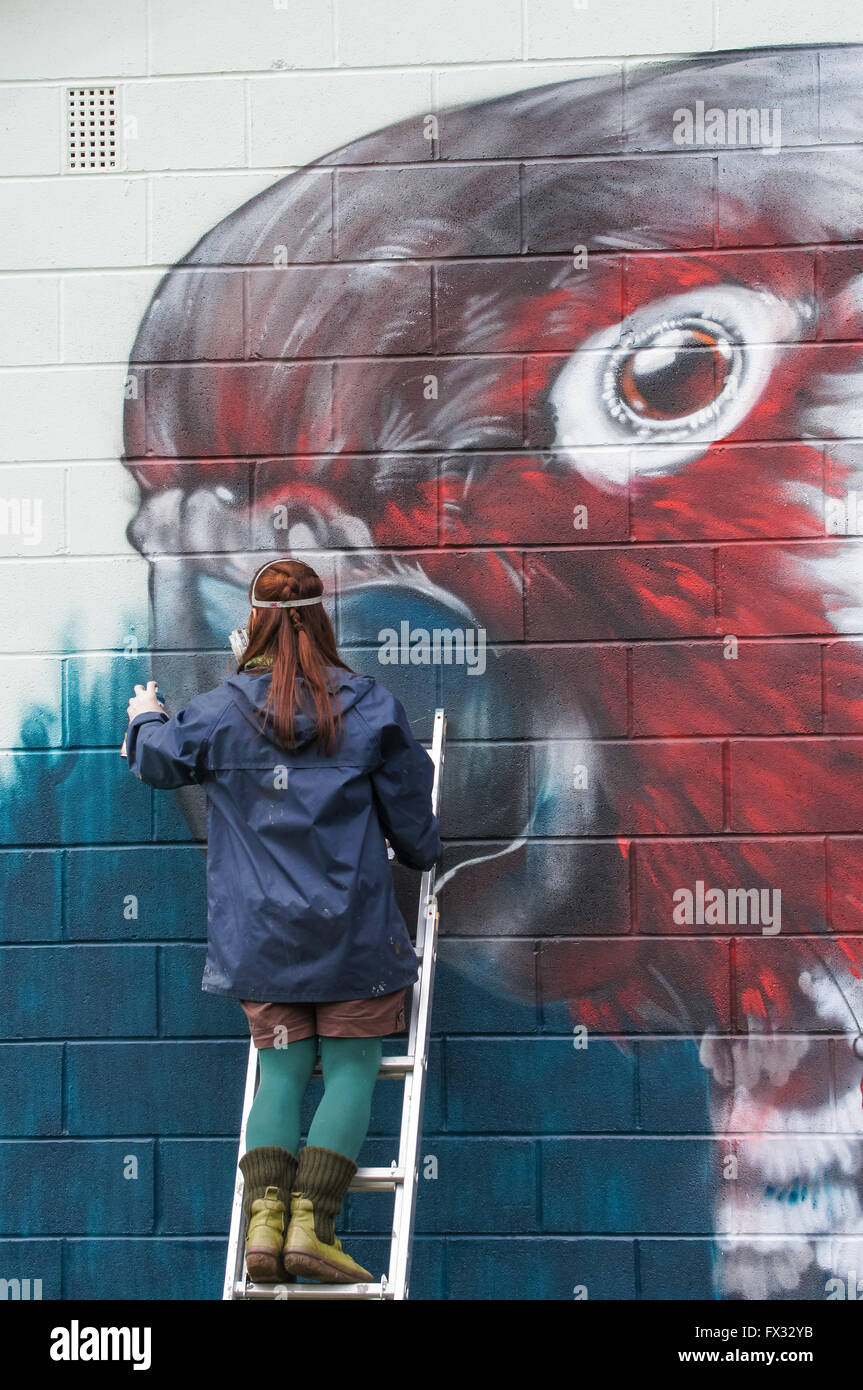 Femmina e giovane artista di graffiti verniciatura a spruzzo graffiti murale in London, England Regno Unito Regno Unito Foto Stock