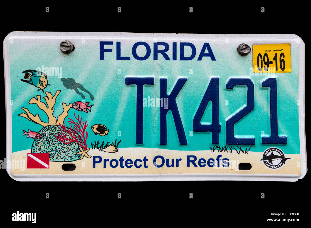 Florida, Stati Uniti d'America. Automobile ambientale Targa. Proteggere le nostre barriere coralline. PR. Foto Stock