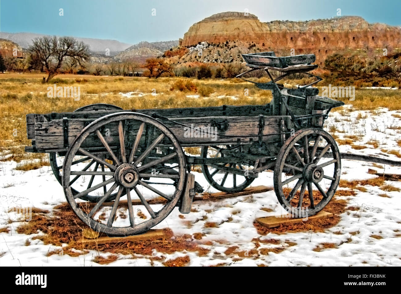 Il vecchio cavallo carro parcheggiato in un campo nel Nuovo Messico. Foto Stock