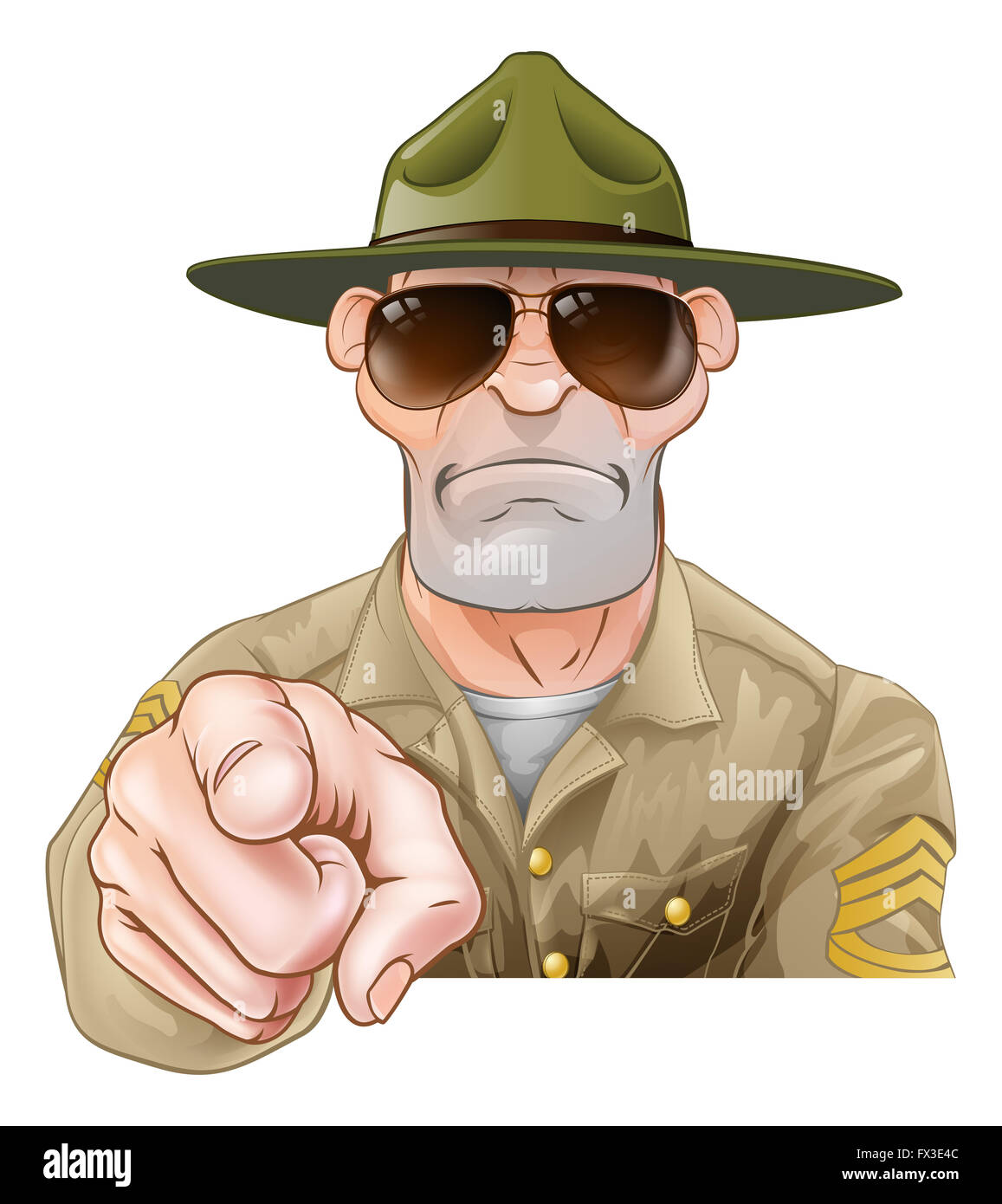 Un arrabbiato cercando cartoon army boot camp trapanare il sergente rivolto Foto Stock