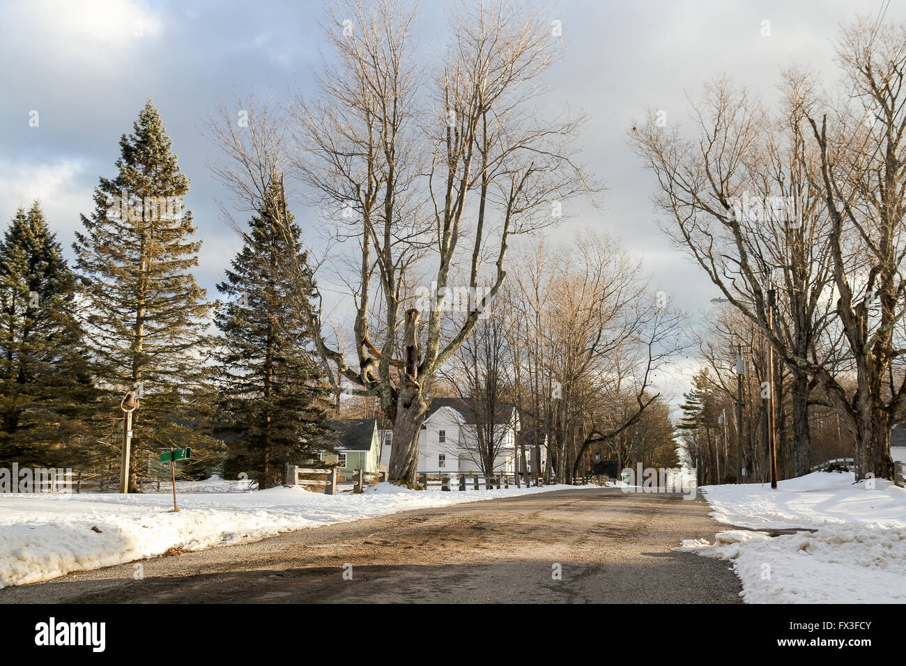 Guardando verso il basso una strada residenziale nella piccola cittadina di Fitzwilliam, New Hampshire Foto Stock