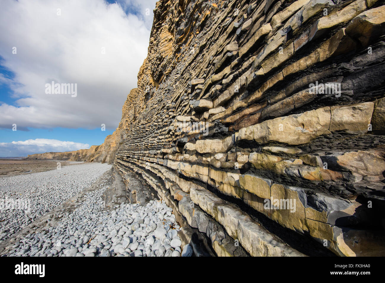 Strati orizzontali di Jurassic Lias letti di calcare in scogliere a Nash punto sulla Glamorgan costa del Galles del Sud REGNO UNITO Foto Stock
