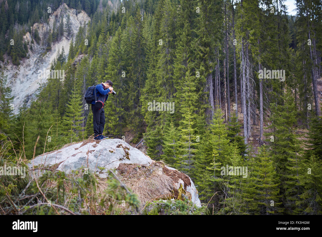 Fotografo di natura la ripresa di un paesaggio di montagne e di alberi di pino Foto Stock