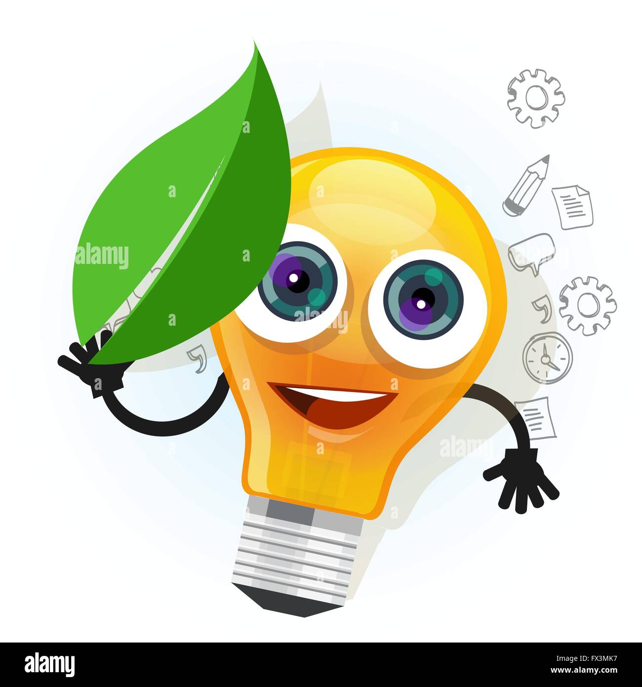 Il bulbo della lampada foglia di luce personaggio dei fumetti sorriso felice faccia mascotte illustrazione vettoriale Illustrazione Vettoriale