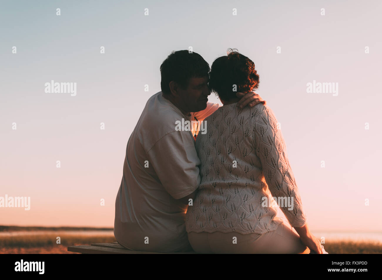 Vista posteriore di una coppia sposata una silhouette seduta su una panchina. Foto Stock