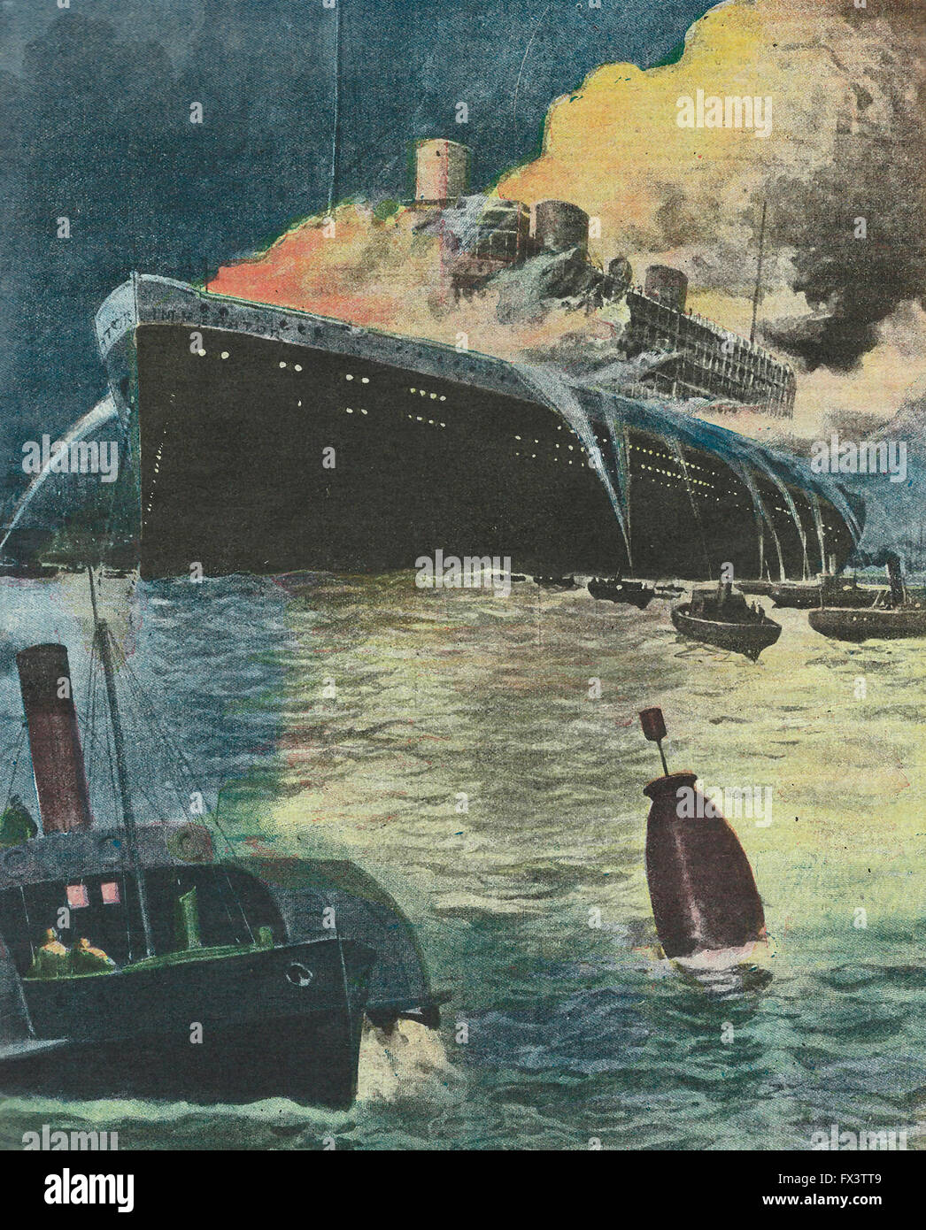 La nave più grande del mondo in fiamme: il fuoco dell'Imperator nel porto di New York dove è stato ancorato, 1913 Foto Stock