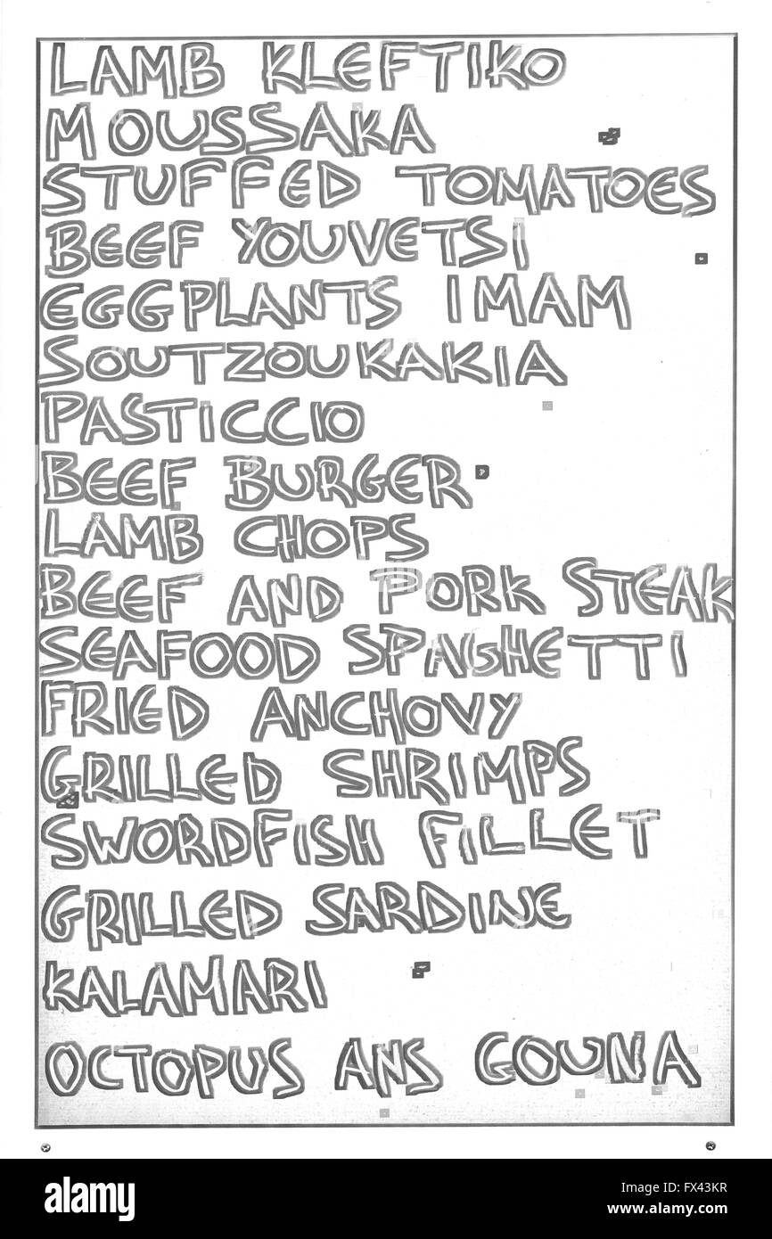 Grecia SANTORINI cafe brasserie bollettino menu Foto Stock
