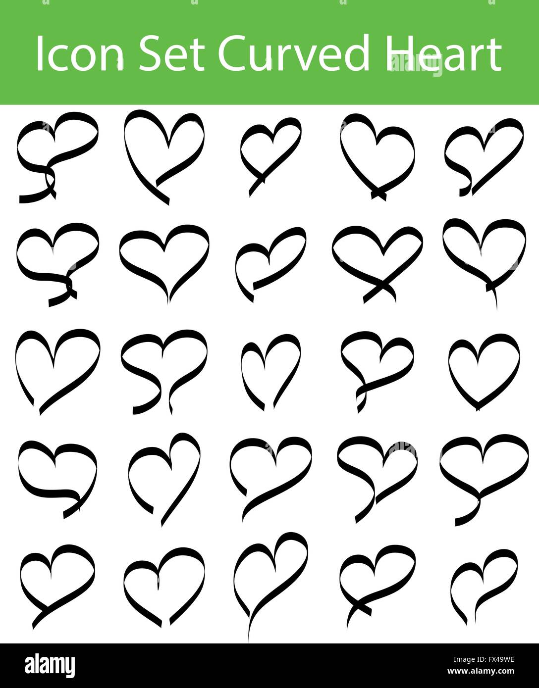 Il set di icone di cuori curvo con 16 icone per un utilizzo creativo in graphic design Illustrazione Vettoriale