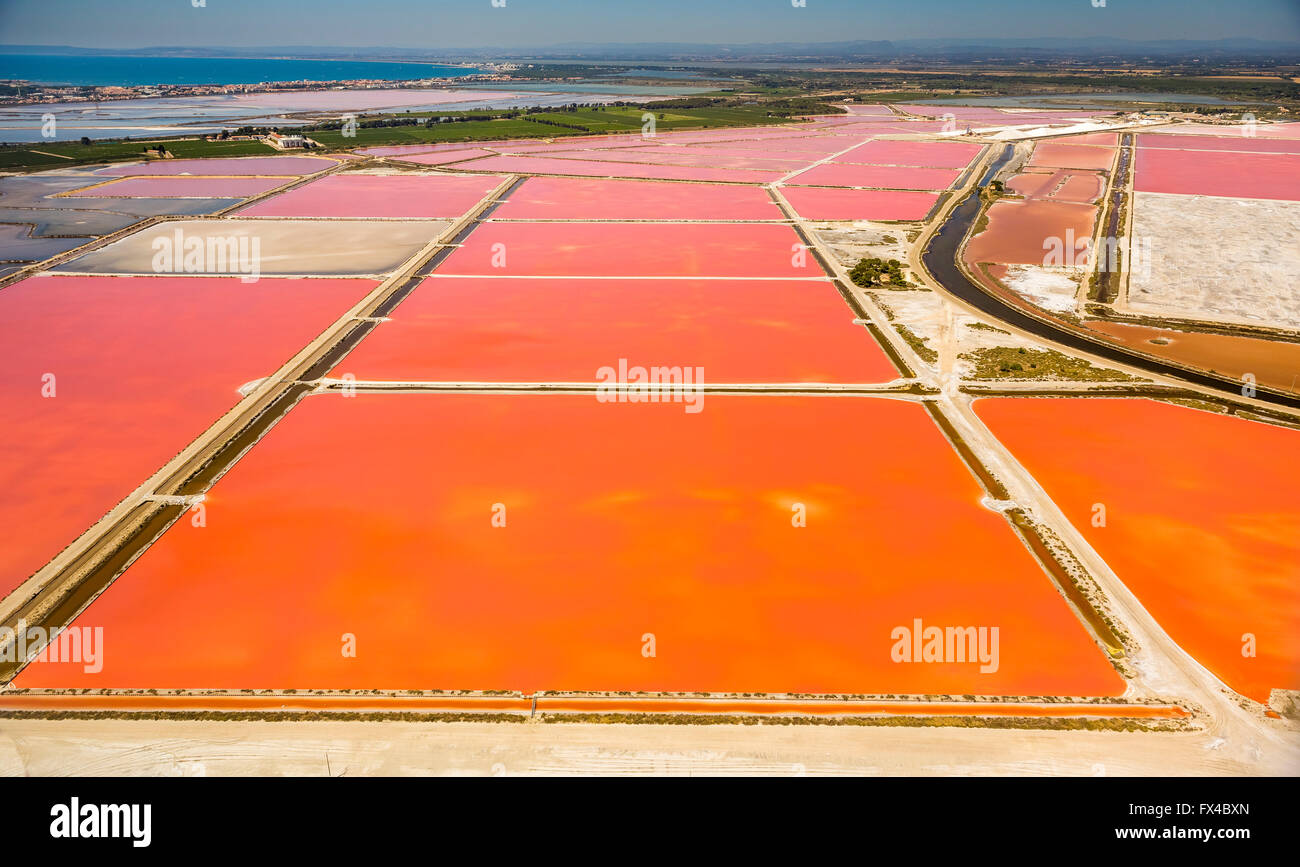 Vista aerea, Camargue, i laghi di sale, di estrazione del sale, rosso sale laghi, Aigues-Mortes, Francia, Languedoc-Roussillon, Francia, Europa Foto Stock