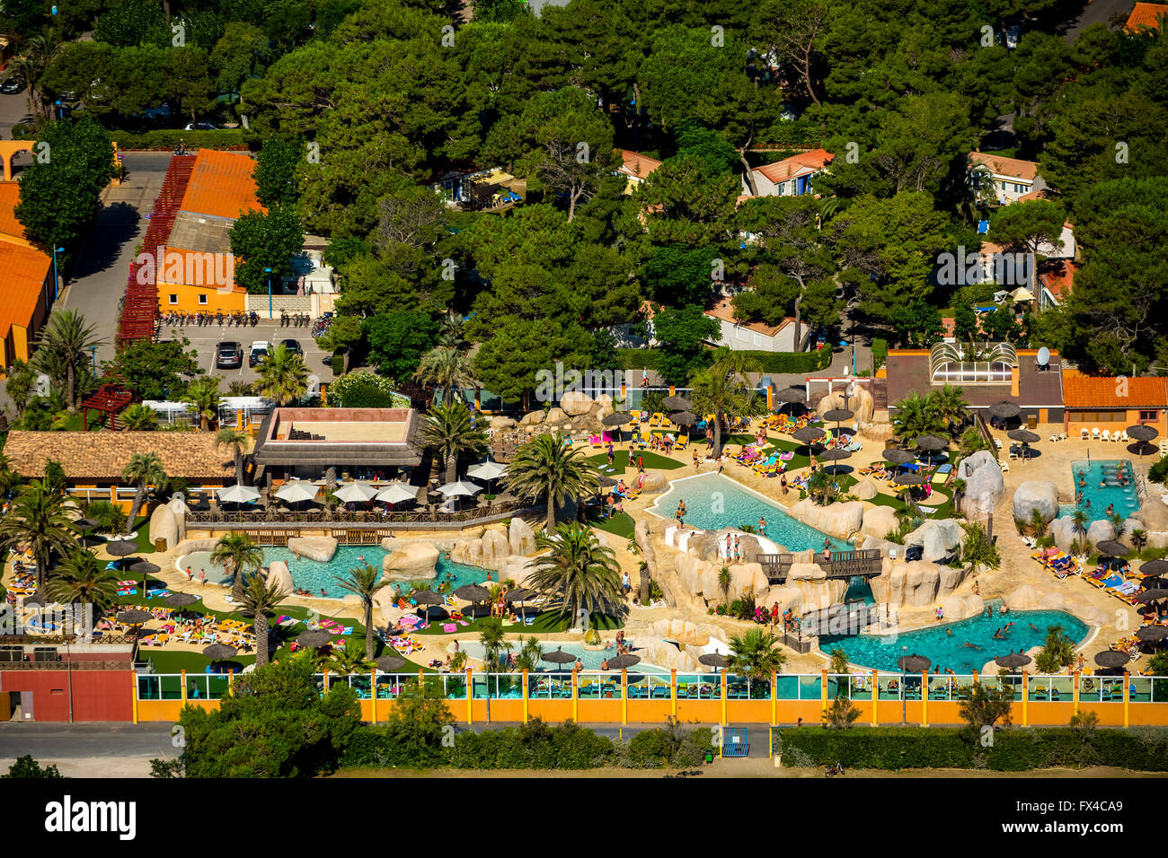 Vista aerea, campeggio di Canet-en-Roussillon sul Mare Mediterraneo, costa mediterranea, nel sud della Francia, il Pyrénées-Orient Foto Stock