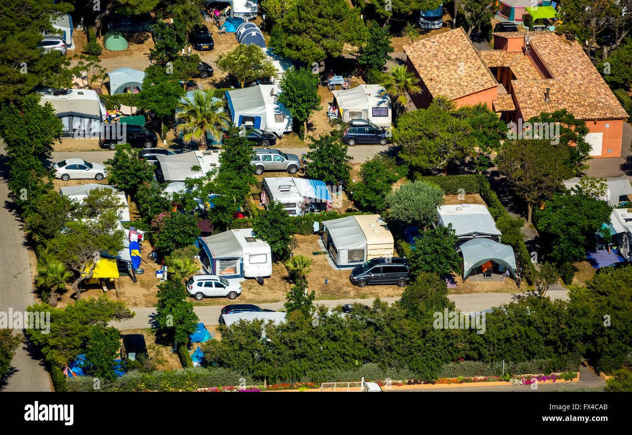 Vista aerea, campeggio di Canet-en-Roussillon sul Mare Mediterraneo, costa mediterranea, nel sud della Francia, il Pyrénées-Orient Foto Stock