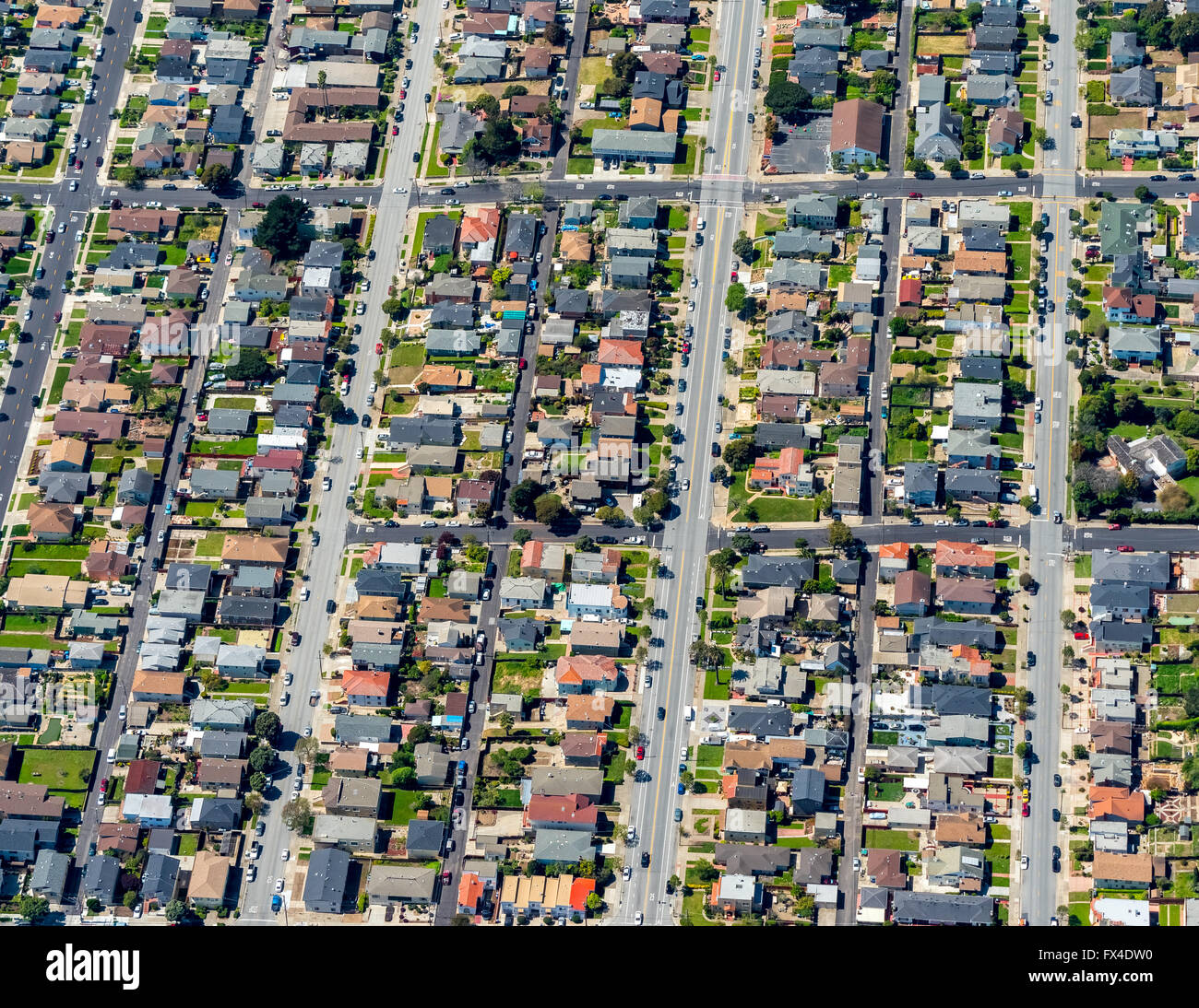 Vista aerea, tipico americano zona residenziale, case a schiera, San Jose, Area della Baia di San Francisco, Stati Uniti d'America Foto Stock