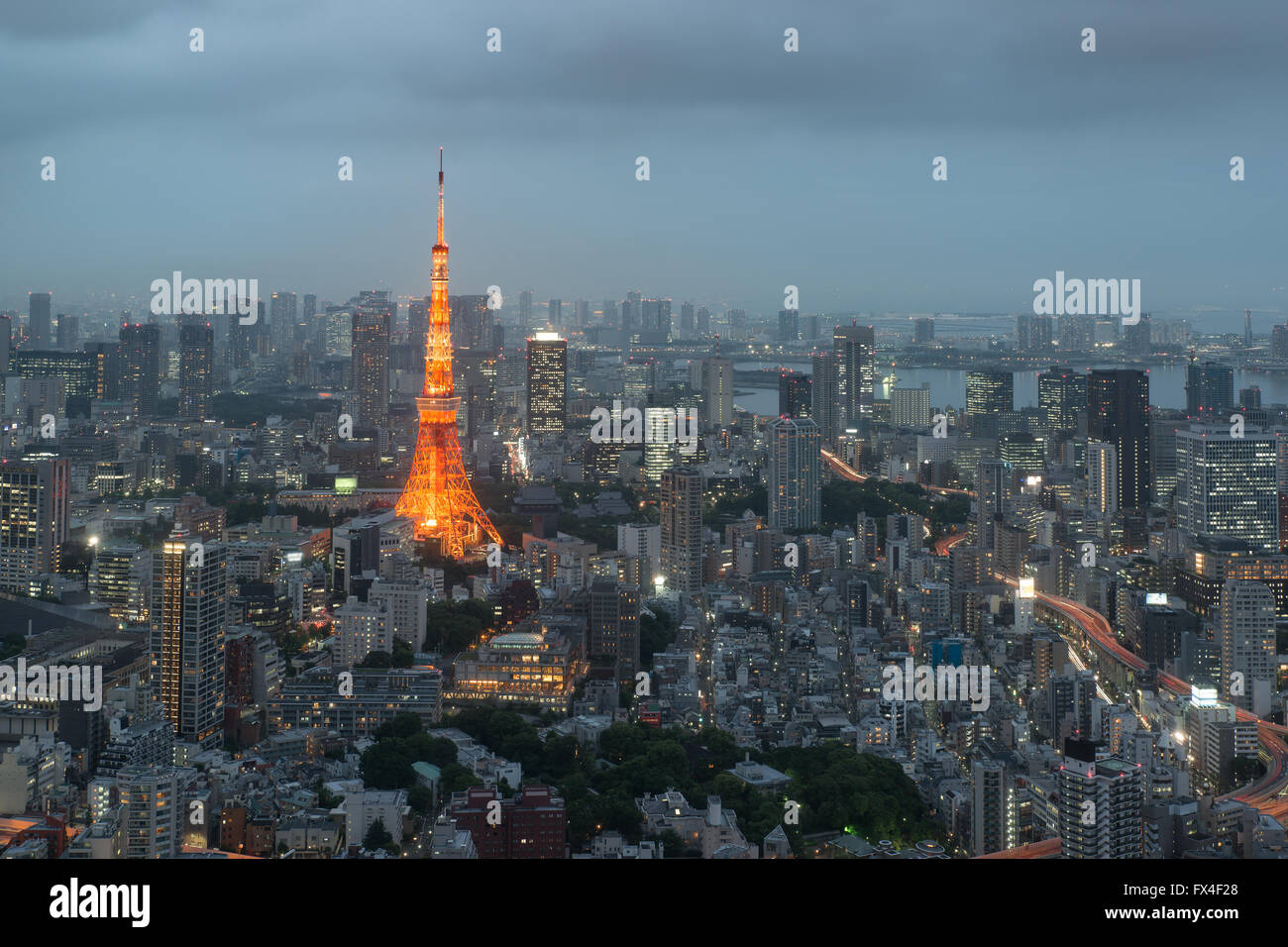 Il Tokyo City skyline al tramonto a Tokyo in Giappone. Foto Stock
