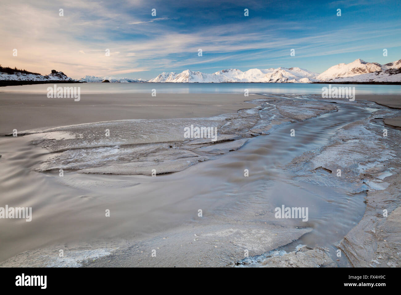 Bay in inverno, rorvik, Lofoten, Norvegia, Foto Stock