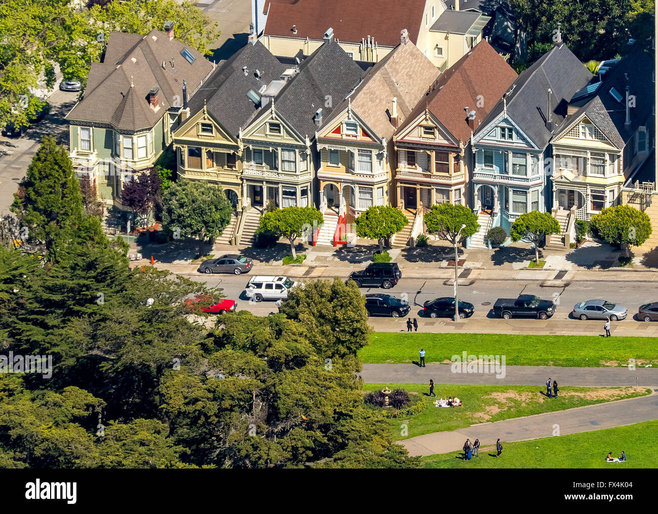 Vista aerea, Painted Ladies Steiner Street, case vittoriane, San Francisco Bay Area, Stati Uniti d'America, California, Stati Uniti d'America Foto Stock