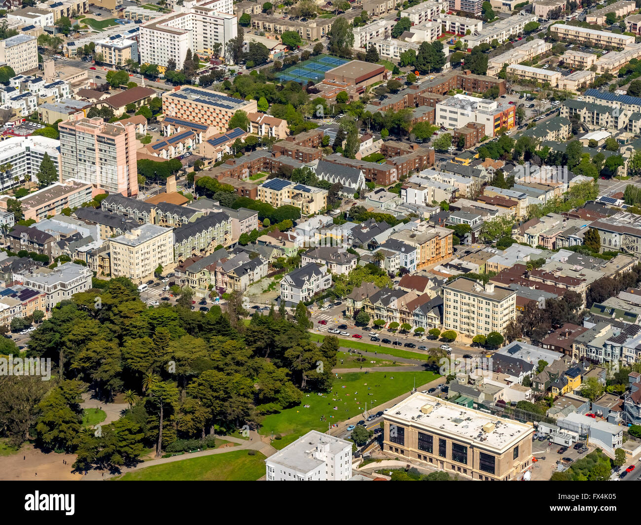 Vista aerea, Painted Ladies Steiner Street, case vittoriane, San Francisco Bay Area, Stati Uniti d'America, California, Stati Uniti d'America Foto Stock