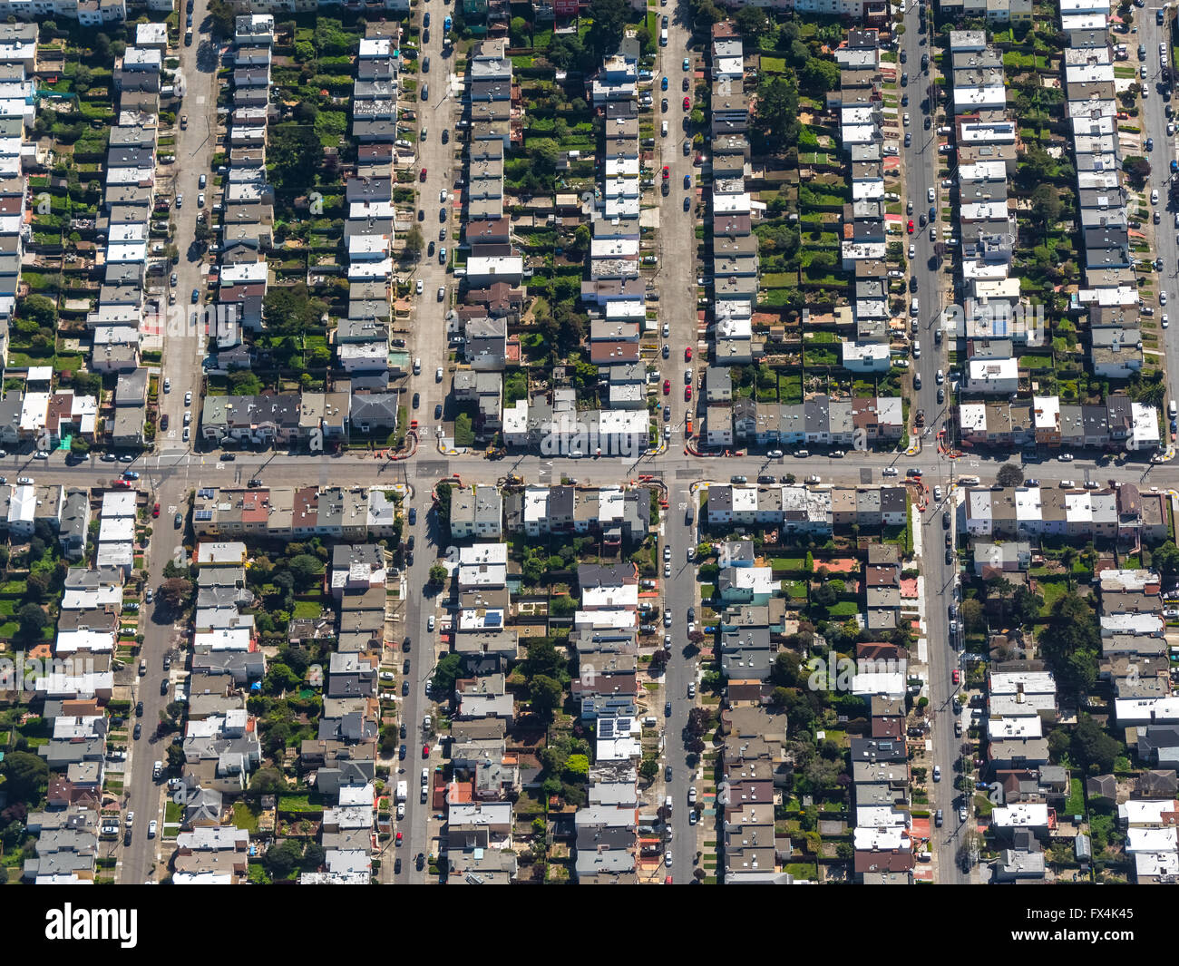 Vista aerea, zona residenziale con colline, file di case e villette di vita americana, San Francisco Bay Area, Stati Uniti Foto Stock