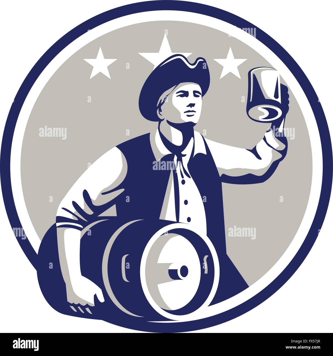 Illustrazione di un American Patriot tenendo un boccale di birra la tostatura mentre trasportano barile di birra insieme all'interno del cerchio con stelle in background fatto in stile retrò. Illustrazione Vettoriale