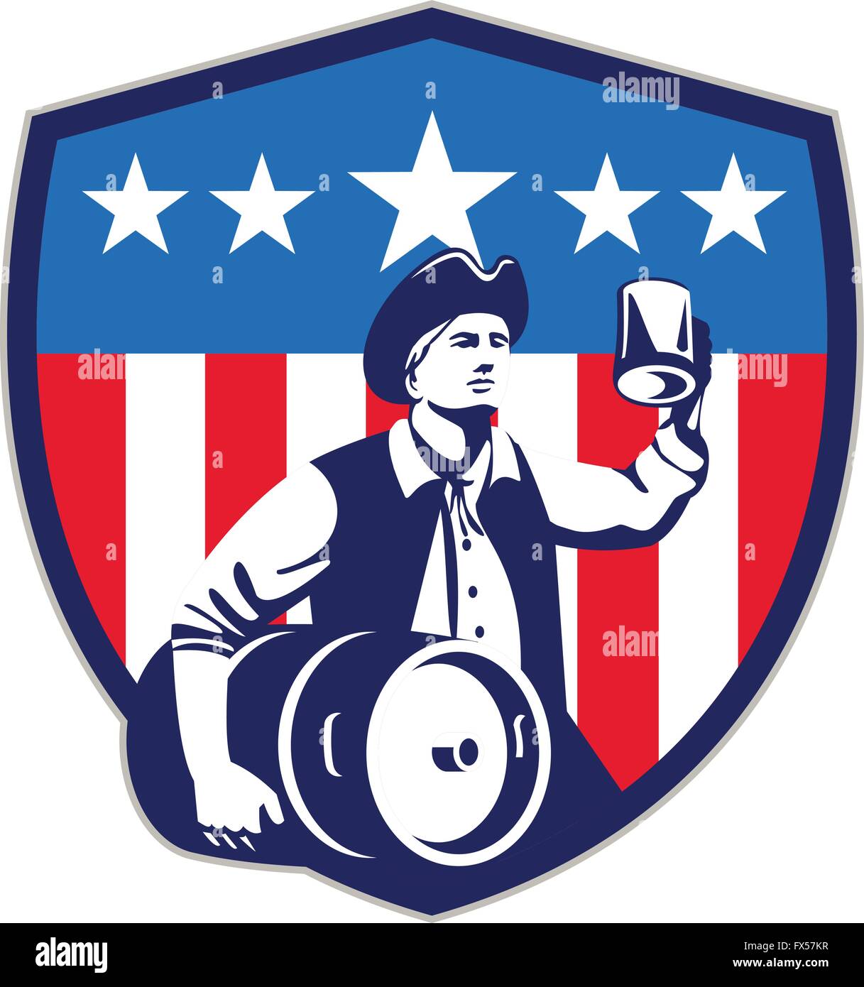 Illustrazione di un American Patriot tenendo un boccale di birra la tostatura mentre trasportano barile di birra insieme all'interno della schermatura di cresta con Stati Uniti a stelle e strisce isolato su sfondo bianco fatto in stile retrò. Illustrazione Vettoriale