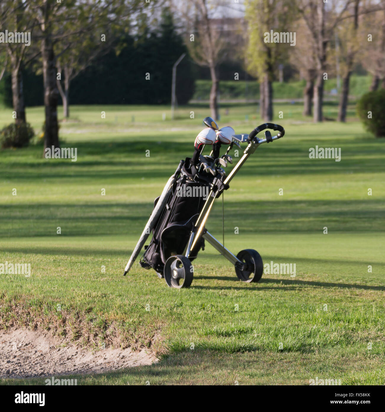 Nera Borsa da golf con ruote in campo da golf nella giornata di sole Foto Stock